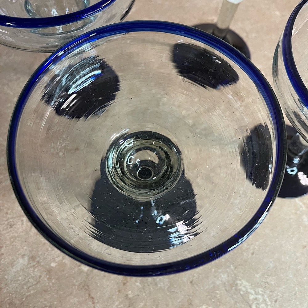 Set of 4 Blue-Rim Margarita Glasses Hand Blown - Picture 3 of 4